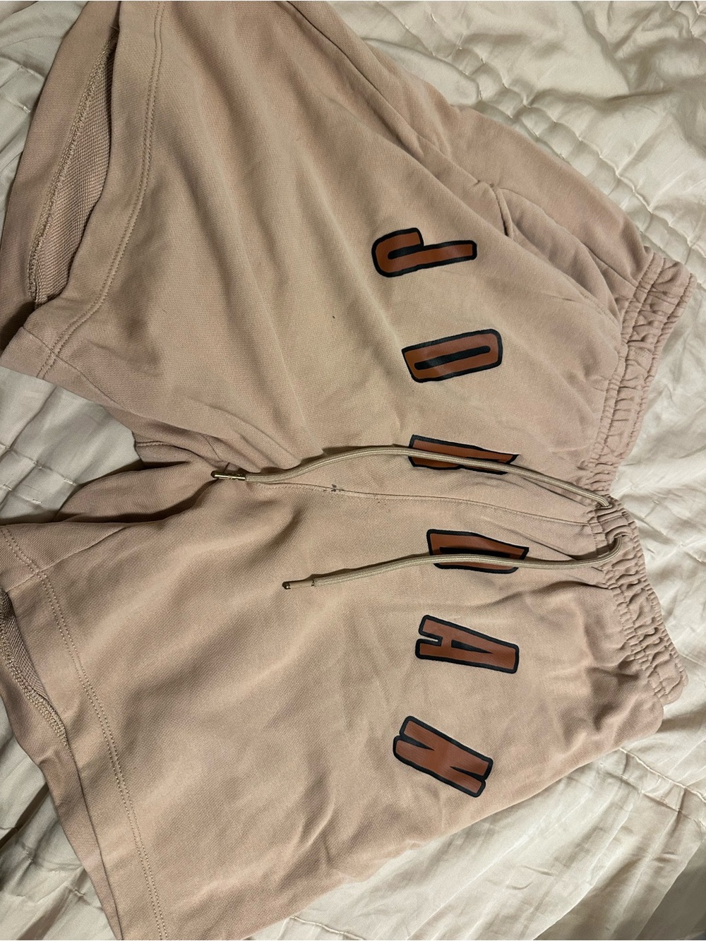 Mens Beige Athletic Shorts with Lettering